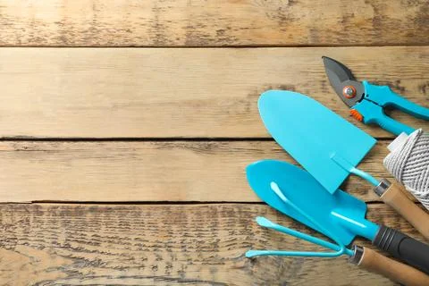 Flat lay composition with professional gardening tools on wooden background 写真素材