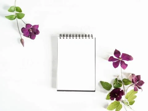 Flat lay composition of purple clematis flowers and leaves and notepad with a Stock Photos