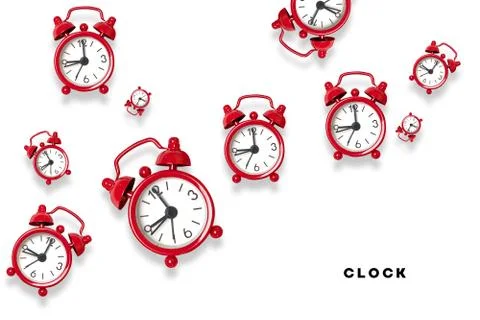 Flat lay composition of red alarm clocks pattern on gray background with spac Stock Photos