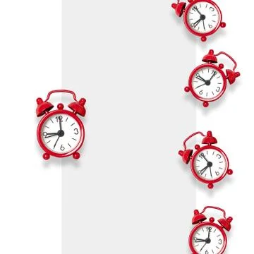 Flat lay composition of red alarm clocks pattern on gray background with spac Stock Photos