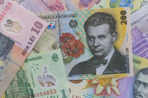 A Flat Lay Composition of Romanian Leu Banknotes Stock Photos