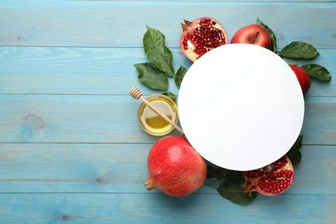Flat lay composition with Rosh Hashanah holiday attributes and card on light  Stock Photos