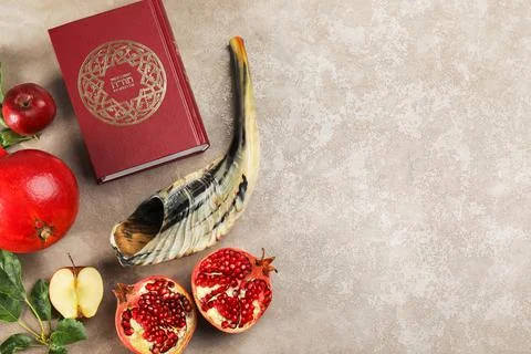 Flat lay composition with Rosh Hashanah holiday attributes on marble table. S Stock Photos
