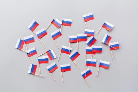 Flat lay composition with Russia flag.  Flat lay, top view, overhead, mockup Stock Photos