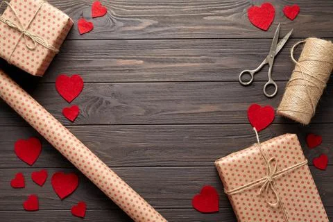 Flat lay composition in rustic style on Valentine's Day, a birthday with gifts Stock Photos