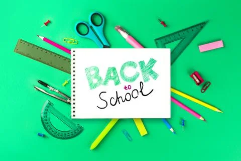 Flat lay composition with school supplies. composition with colorful statio.. Stock Photos