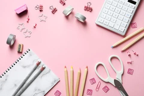 Flat lay composition with scissors and office supplies on color background. S Stock Photos