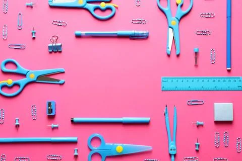 Flat lay composition with scissors and school supplies on color background. S 写真素材