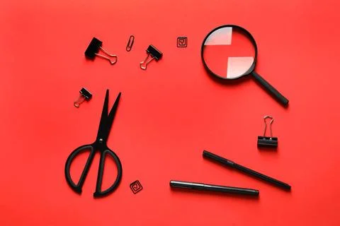 Flat lay composition with scissors on color background. Space for text Stock Photos