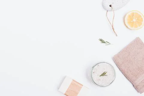 Flat lay composition of sea salt with rosemary Stock Photos