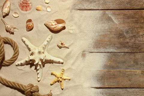 Flat lay composition with seashells, beach sand and space for text on wooden  스톡 사진