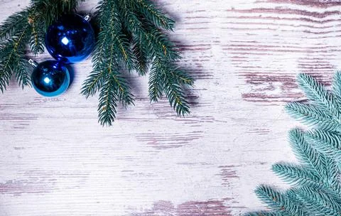 Flat lay composition with serpentine streamers and Christmas decor on wooden Stock Photos
