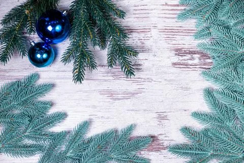 Flat lay composition with serpentine streamers and Christmas decor on wooden Stock Photos