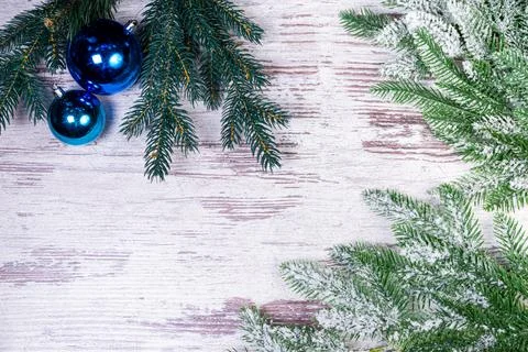Flat lay composition with serpentine streamers and Christmas decor on wooden Stock Photos