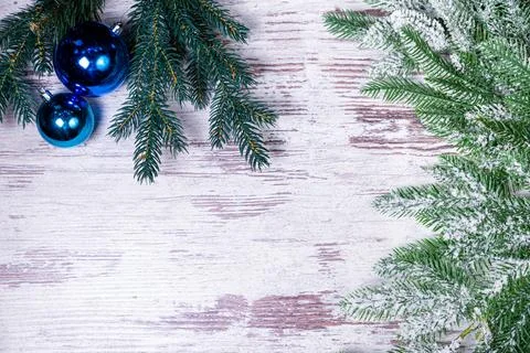Flat lay composition with serpentine streamers and Christmas decor on wooden Stock Photos