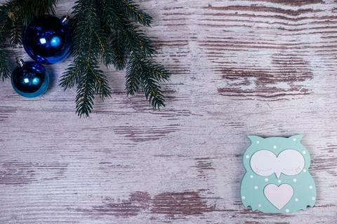 Flat lay composition with serpentine streamers and Christmas decor on wooden Stock Photos