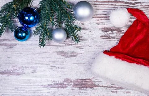 Flat lay composition with serpentine streamers and Christmas decor on wooden Stock Photos