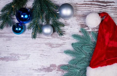 Flat lay composition with serpentine streamers and Christmas decor on wooden Stock Photos