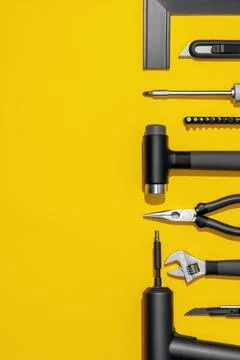 Flat lay composition with set of home repair tools on bright yellow background. Stock Photos