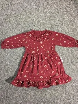 Flat lay composition of a small maroon patterned baby girl dress on grey ba.. Stock Photos