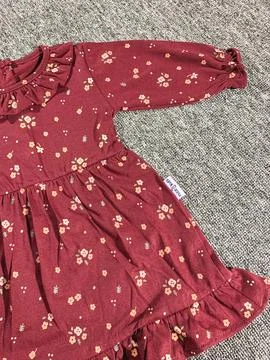 Flat lay composition of a small maroon patterned baby girl dress on grey ba.. Stock Photos