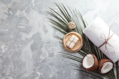 Flat lay composition with soap on grey marble background. Space for text Foto stock