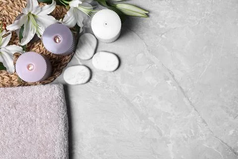Flat lay composition with spa accessories and space for text on grey marble b Stock-Fotos