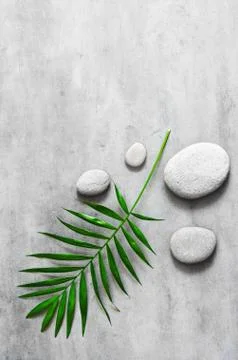 Flat lay composition with spa stones, palm leaves on grey background. Stock Photos