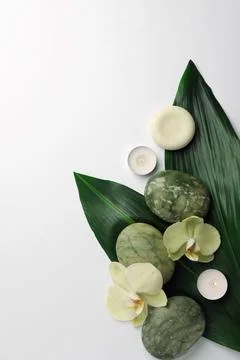 Flat lay composition with spa stones, solid shampoo bar and beautiful flowe.. 스톡 사진