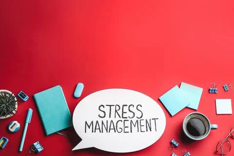 Flat lay composition of speech bubble lightbox with phrase Stress Management  Stock Photos