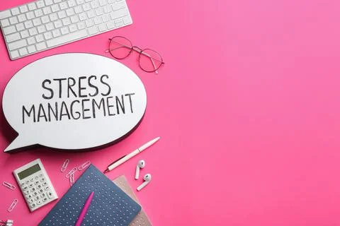 Flat lay composition of speech bubble lightbox with phrase Stress Management  Stock Photos