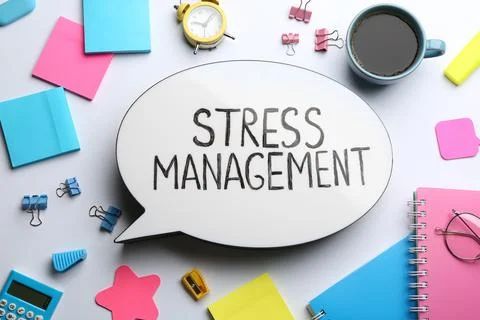 Flat lay composition of speech bubble lightbox with phrase Stress Management  Stock Photos