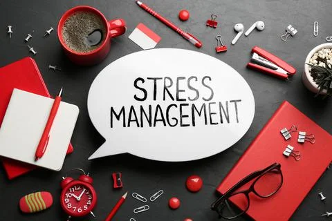 Flat lay composition of speech bubble lightbox with phrase Stress Management  Stock Photos