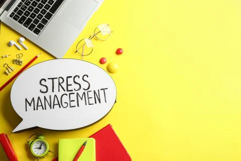 Flat lay composition of speech bubble lightbox with phrase Stress Management  Stock Photos