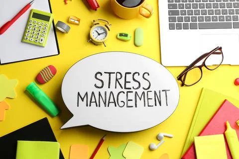 Flat lay composition of speech bubble lightbox with phrase Stress Management  Stock Photos