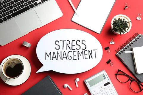 Flat lay composition of speech bubble lightbox with phrase Stress Management  Stock Photos