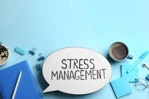 Flat lay composition of speech bubble lightbox with phrase Stress Management  Stock Photos