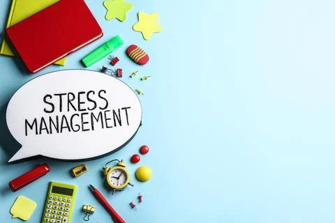 Flat lay composition of speech bubble lightbox with phrase Stress Management  Stock Photos