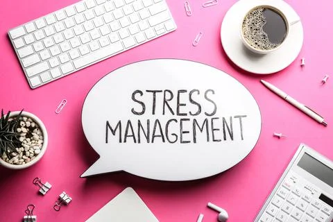 Flat lay composition of speech bubble lightbox with phrase Stress Management  Stock Photos