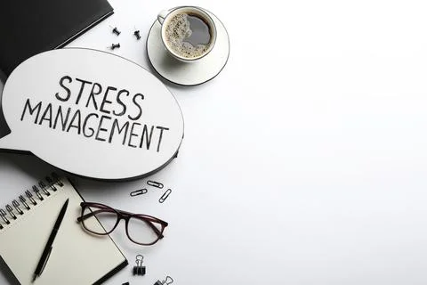 Flat lay composition of speech bubble lightbox with phrase Stress Management  Stock Photos