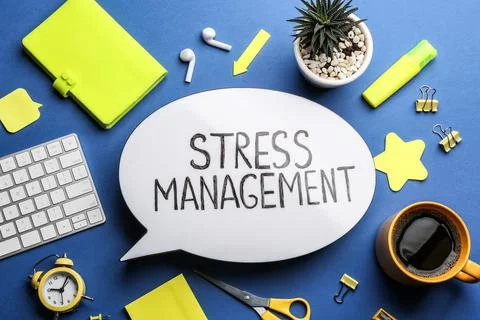 Flat lay composition of speech bubble lightbox with phrase Stress Management  Stock Photos