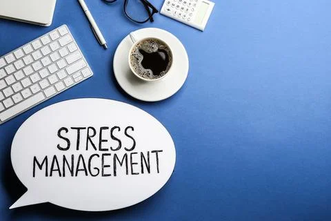 Flat lay composition of speech bubble lightbox with phrase Stress Management  Stock Photos