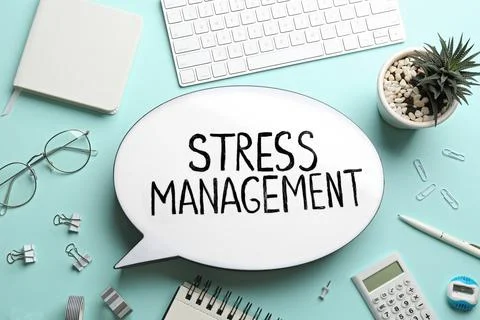 Flat lay composition of speech bubble lightbox with phrase Stress Management  Stock Photos