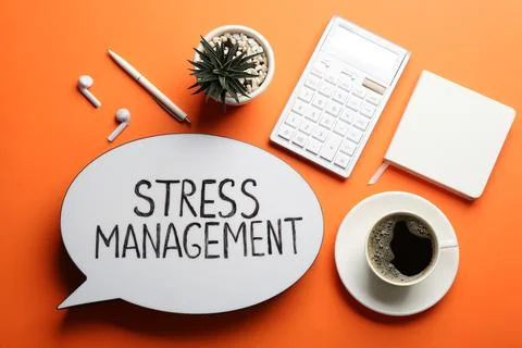 Flat lay composition of speech bubble lightbox with phrase Stress Management  Stock Photos