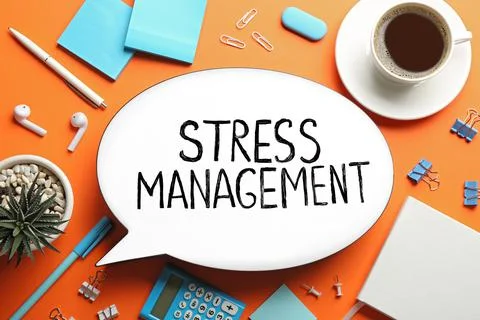 Flat lay composition of speech bubble lightbox with phrase Stress Management  Stock Photos