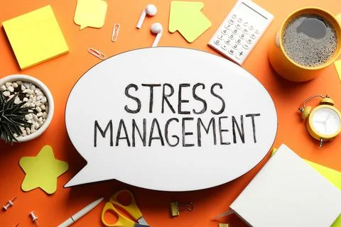 Flat lay composition of speech bubble lightbox with phrase Stress Management  Stock Photos