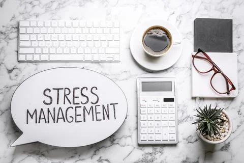 Flat lay composition of speech bubble lightbox with phrase Stress Management  Stock Photos