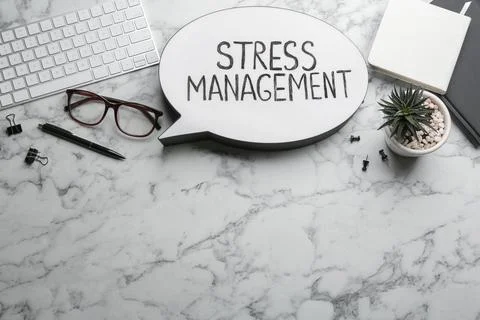 Flat lay composition of speech bubble lightbox with phrase Stress Management  Stock Photos