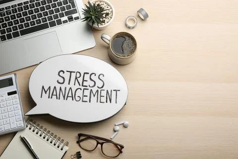 Flat lay composition of speech bubble lightbox with phrase Stress Management  Stock Photos