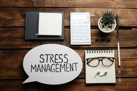 Flat lay composition of speech bubble lightbox with phrase Stress Management  Stock Photos